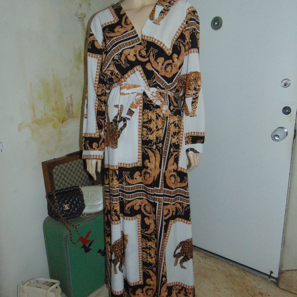 Designer Roman / Greek Mythical Paisley Cheetah Print Maxi Boho Dress M/L Italy